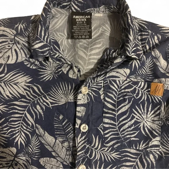 American Hawk Boys 5 Hawaiian Shirt Navy Blue Tropical Leaf Button Down Top - Picture 2 of 3